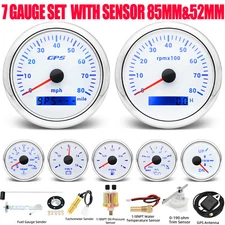 7 Gauge Set with Sensor 85mm White GPS Speedometer 80MPH&Tacho 0-8000RPM Gauge