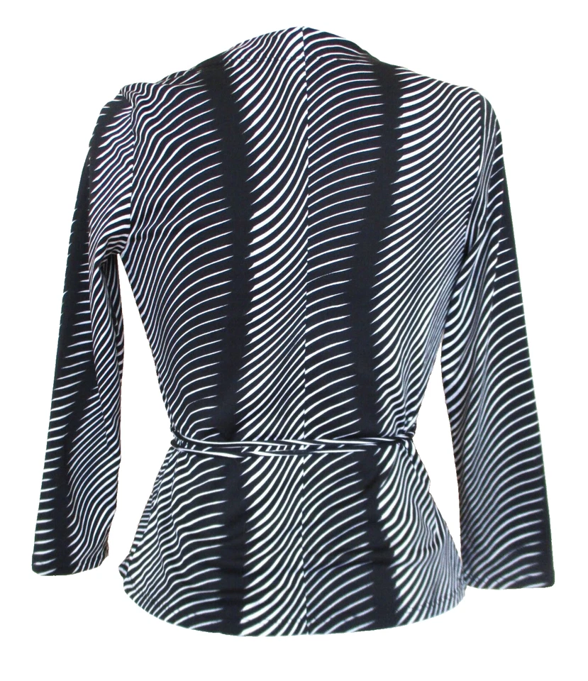 Top envolvente Betsey Johnson vintage pequeño para mujer negro blanco elástico mangas 3/4 Foto 3 de 4