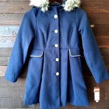 Cat and Jack Girls 10/12 Navy Blue Faux Fur Hooded Lined Brand New with tags A18