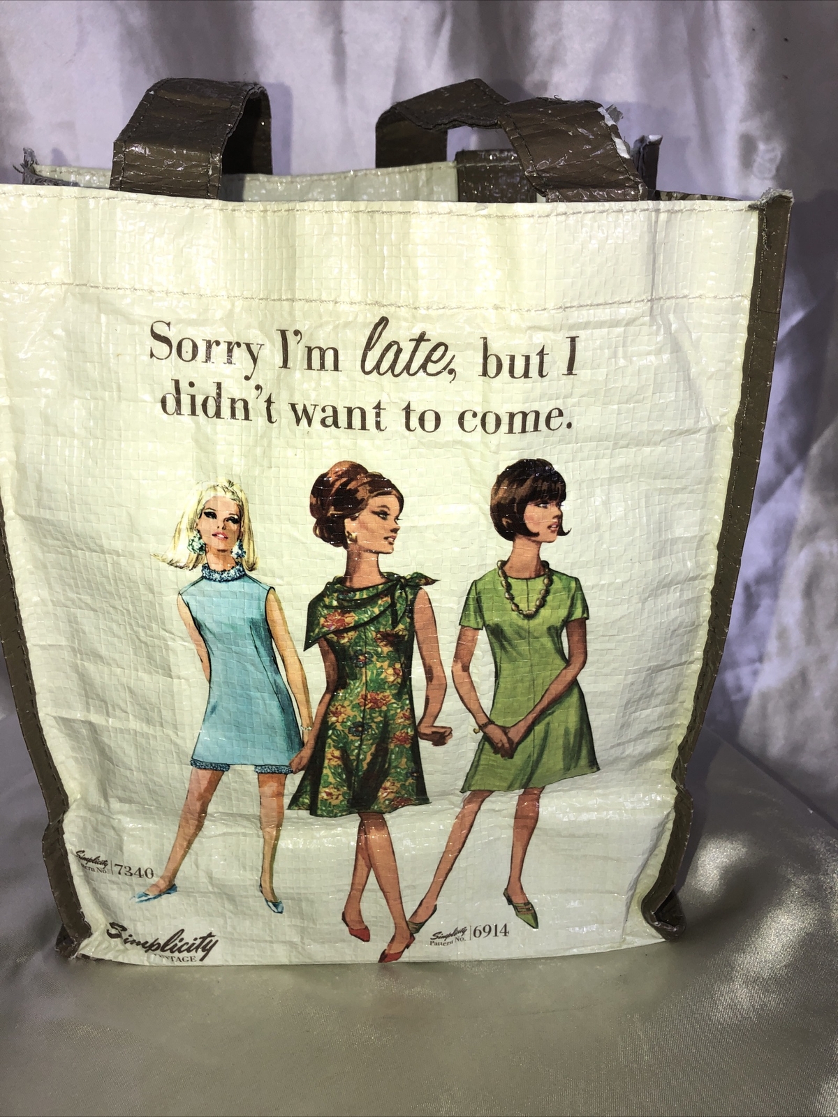 simplicity vintage printed dress pattern Reusable Tote Bag 8x9.5- Sorry I’m late