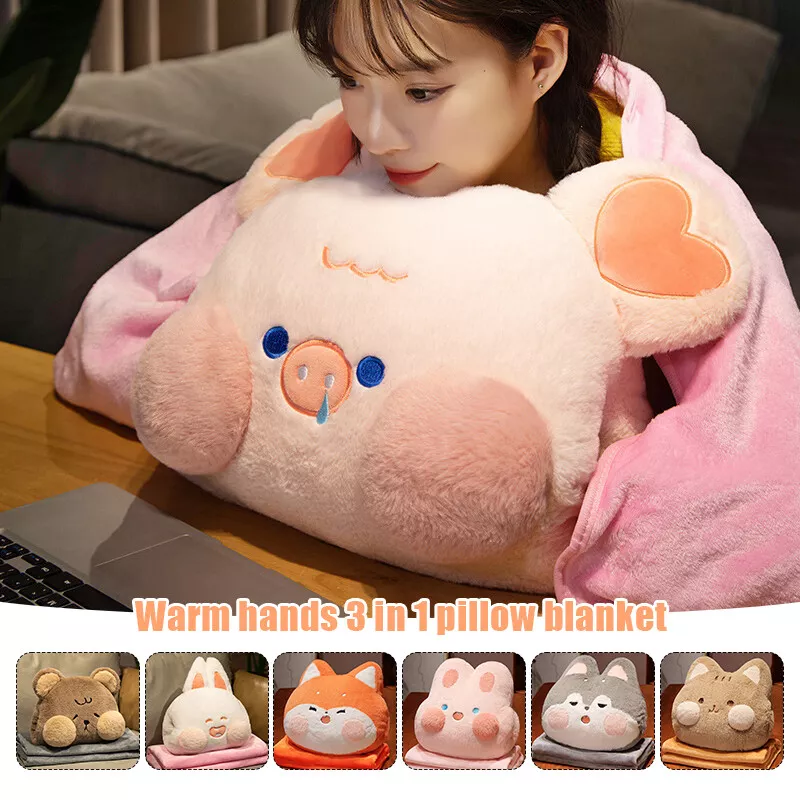 Cartoon Plush 3in1 Pillow Blanket Stuffed Hand Warmer Cushion Home