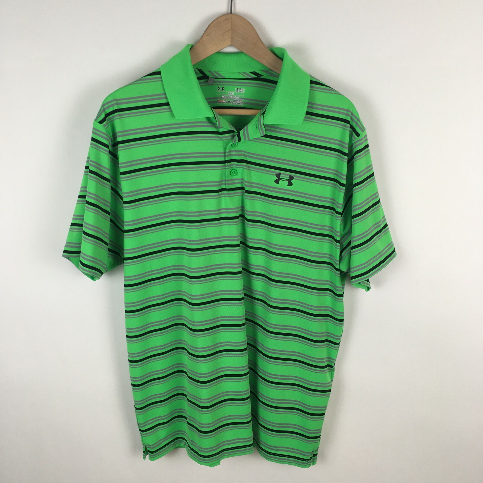 Under Armour Heatgear Green Stripe Short Sleeve Polo Shirt Large Loose