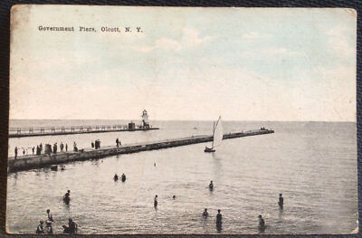 Olcott Beach N Y Government Pier & Light House Vintage 1919 Postcard