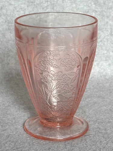 Jeannette Glass Cherry Blossom pink footed tumbler 4.5" EX! 1930-39 Depression