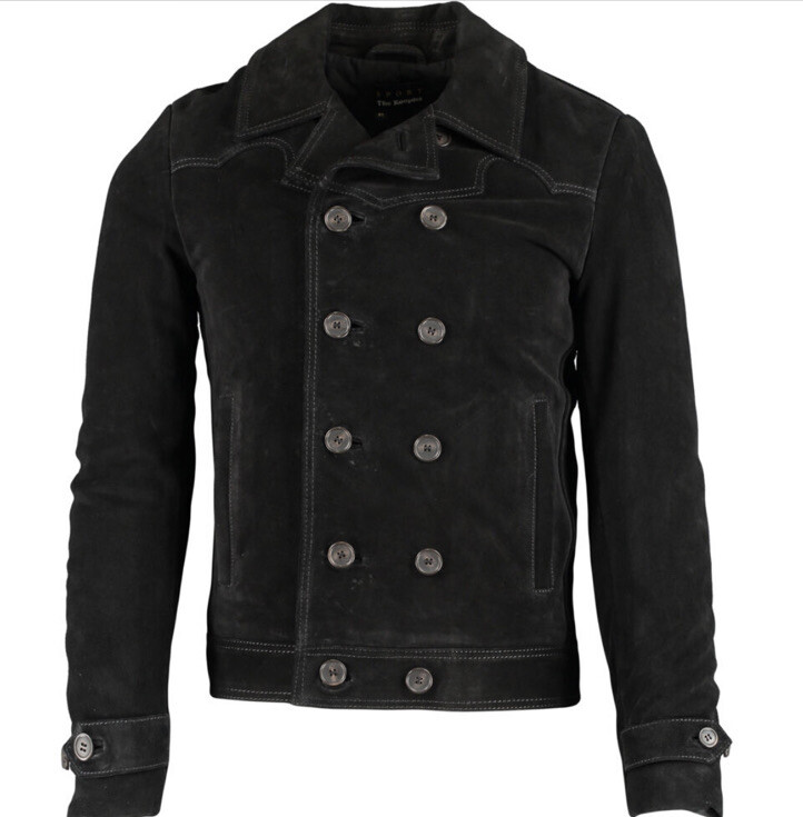 £595 THE KOOPLES Paris FW18 Black Double Breasted Leather Suede Padded  Jacket