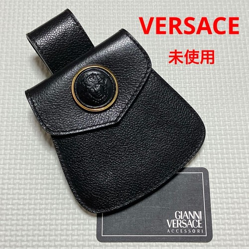 Versace Leather Coin Case Black Small Wallet Card Holder Men's Authentic