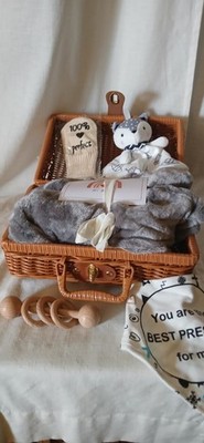 Cute Wooden Baby Shower Gift Basket With Rattle, Blanket, Toys. New!