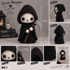 Crochet Grim Reaper Plush 20cm, Handmade Amigurumi Death Doll, Halloween Gothic