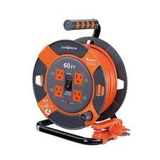  Cord Reel. Extension Cord 4 Power Outlets – 14 AWG SJTW Cable. Heavy 60 ft