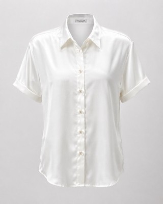 HOTOUCH Vintage Women s Short-Sleeve Button Down Dress Shirt / Faux Silk
