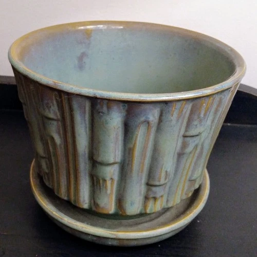McCoy 0373 Planter Flower Pot Pottery Green Drip Bamboo w/ Saucer Vtg MCM