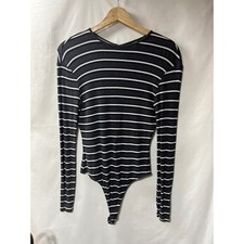 American Apparel Striped Ribbed Long Sleeve Bodysuit Grey Navy White Keyhole M