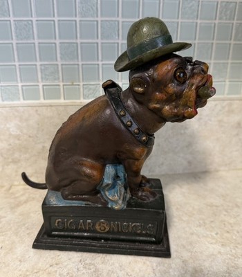 Vintage OLE PUFFER Mechanical Bank CIGAR 5¢ NICKELS Cast Iron BOOK