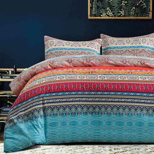 Comforter Set Queen Size, 3Pc Boho Red Blue Colorful Retro Striped Pattern Print