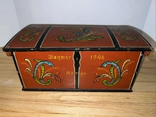 1946 Norwegian Rosemaling Wood Chest Dagmar Norge Folk Art Storage Box Dowry