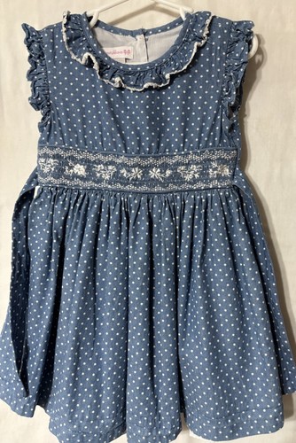 Girls size 4T Smocked Blue W/White Dots Ruffled Collar & Sleeves By Bonnie Jean - Picture 1 of 8