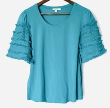 Chicos Top 2 -L (14 16) Turquoise Soft Round Neck Blouse Casual Stretchy Tee