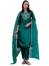Women's Silk Blend Embroidered Kurta with Pant  Dupatta Set