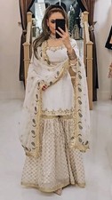 Classic Look White Heavy Georgette Top Palazzo With Dupatta For Festival Wear