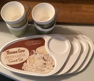 Thermo-Serv Vintage Insulated Plastic Snack Set Plates & Cups Retro Tableware