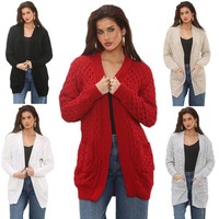 Ladies Cardigan Chunky Cable Knit Casual Long Open Front Long Sleeve 2 Pockets