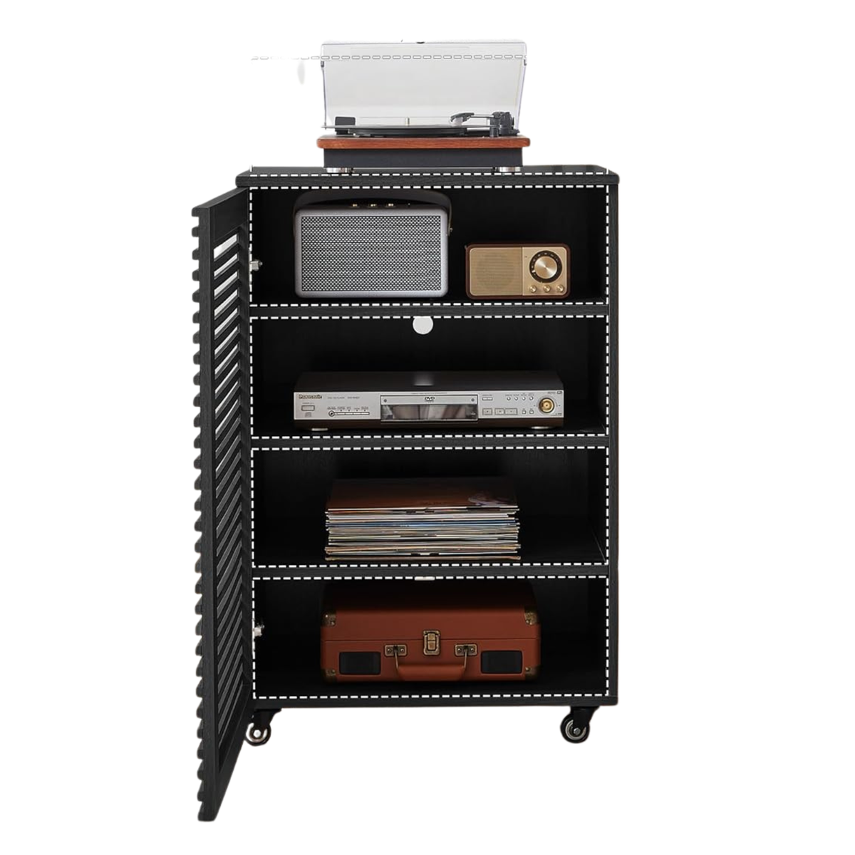LEVNARY Black 5-Tier Media Cabinet w/ Grille Door Wheels Open Box