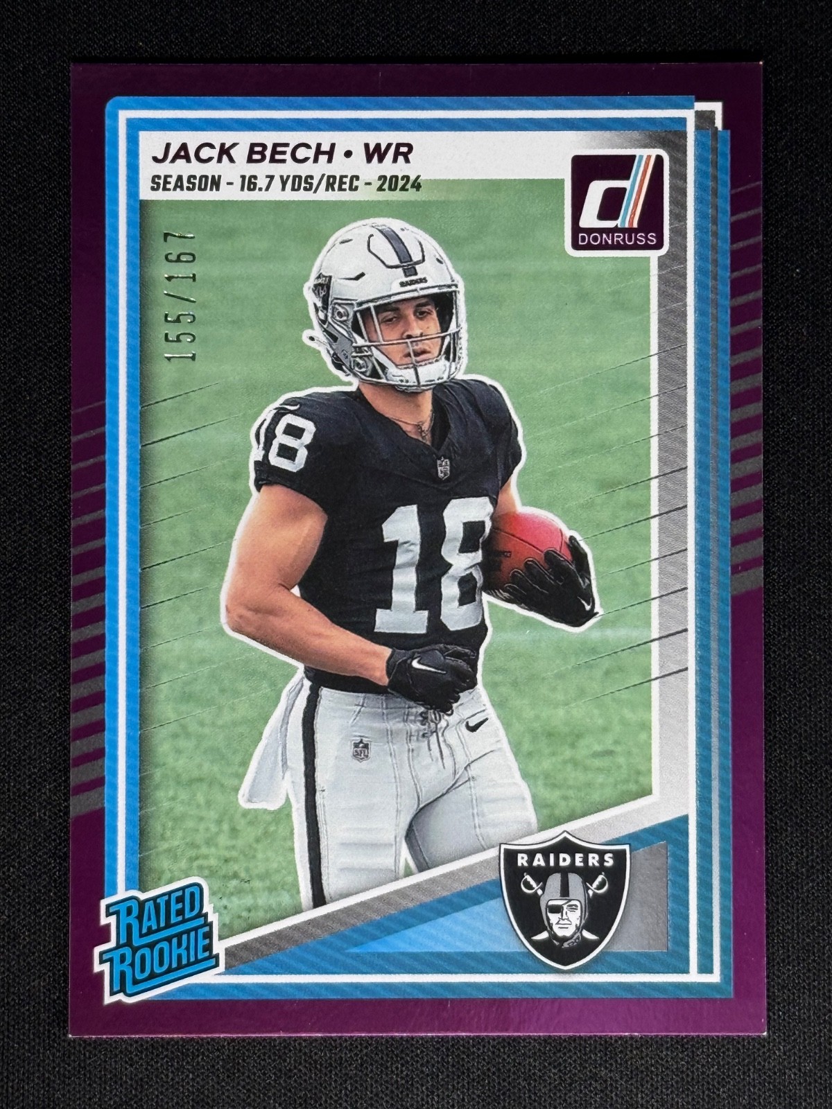 2025 Panini Donruss Jack Bech Rated Rookie Season Stat Line Purple /167 Raiders