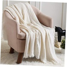 Farmhouse Boho Knitted Throw Blanket for Couch Sofa Chair Bed Ivory Waffle