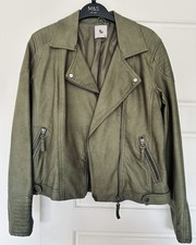 Khaki Green Faux Leather Biker Jacket Women UK10 Gun Metal zips - Worn Once