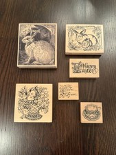 PSX Mounted Wood Rubber Stamp Lot Floral Easter Spring Tea Magenta Bunny Large
