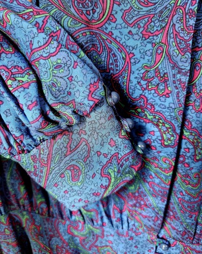 Fab Deadstock Vintage 1980s Patty O'Neil Blue Green Magenta Paisley Cotton Dress - Picture 5 of 10