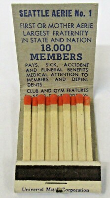 older vintage I.O.O.F. Odd Fellows SEATTLE AERIE #1 full unused book of  matches
