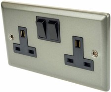 Volex 2 Gang 13A Switched Twin Socket Satin Chrome Pewter Effect Black Insert
