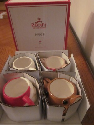 S/4 Pottery Barn Kids Rudolph Shaped Mugs Santa Clarice and Bumble New In Box