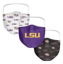 NEW 3 Pack LSU Tigers Louisiana Licensed NCAA Washable Resuable Face Mask Cover