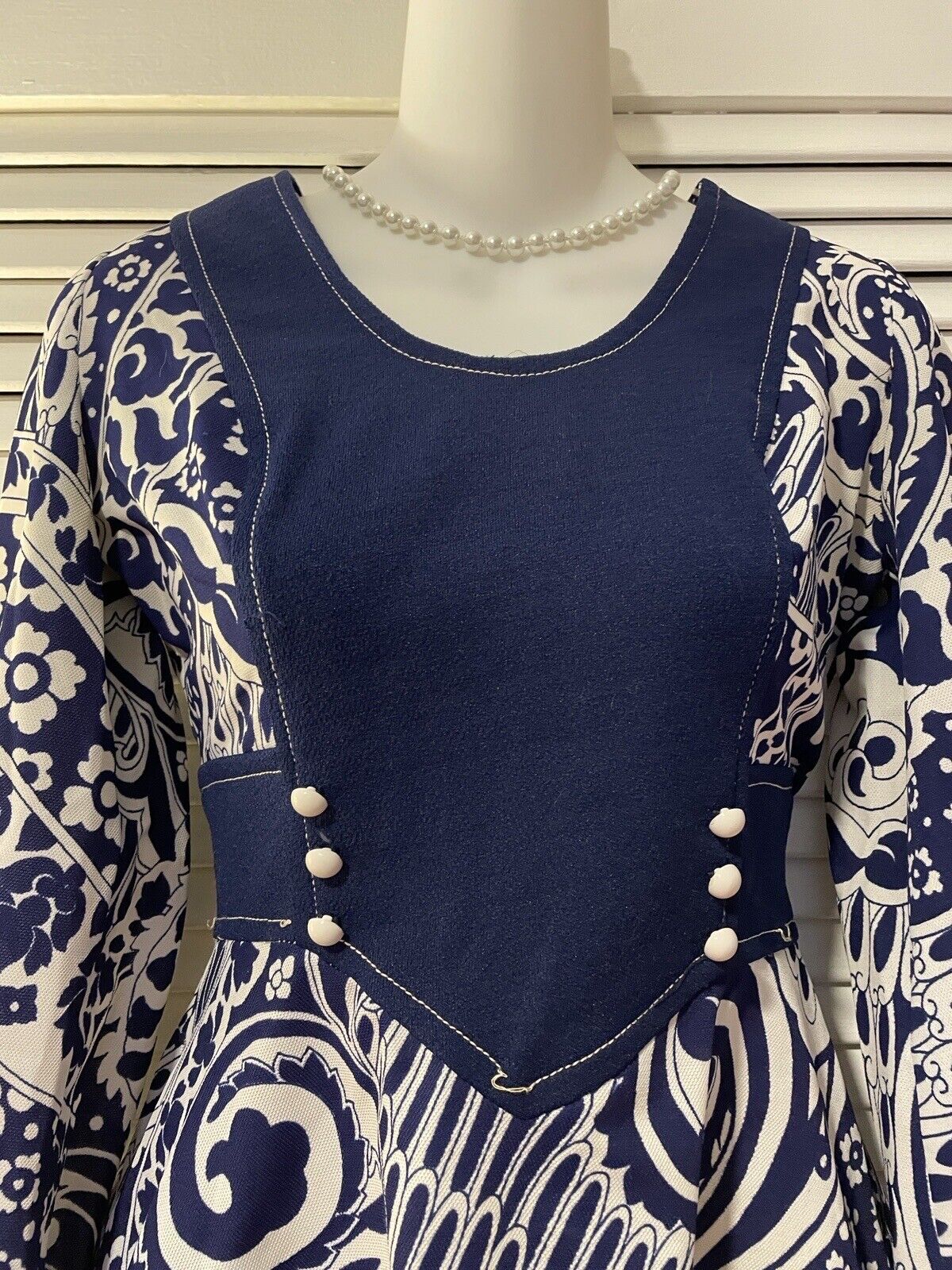 VTG 60S Hippy Polyester Navy Blue And White Print Mini Dress Tunic Top XS-S