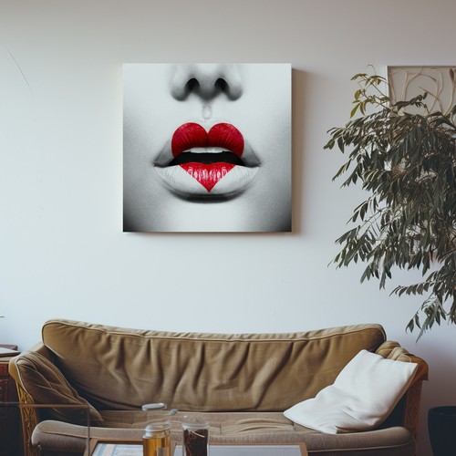Red Lips Heart Shape Canvas Print Wall Art, Stylish Home Decor Wall Hanging - Picture 7 of 12