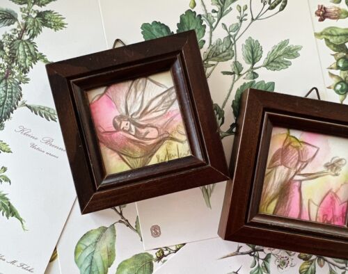 2 Original Painting Paintings Watercolor Vintage Old Frame Antique Fairy Baroque Flowers - Picture 1 of 11