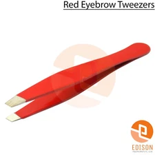 Professional Eyebrow Tweezers Red Hair Removal Slanted Tip Stainless Steel 