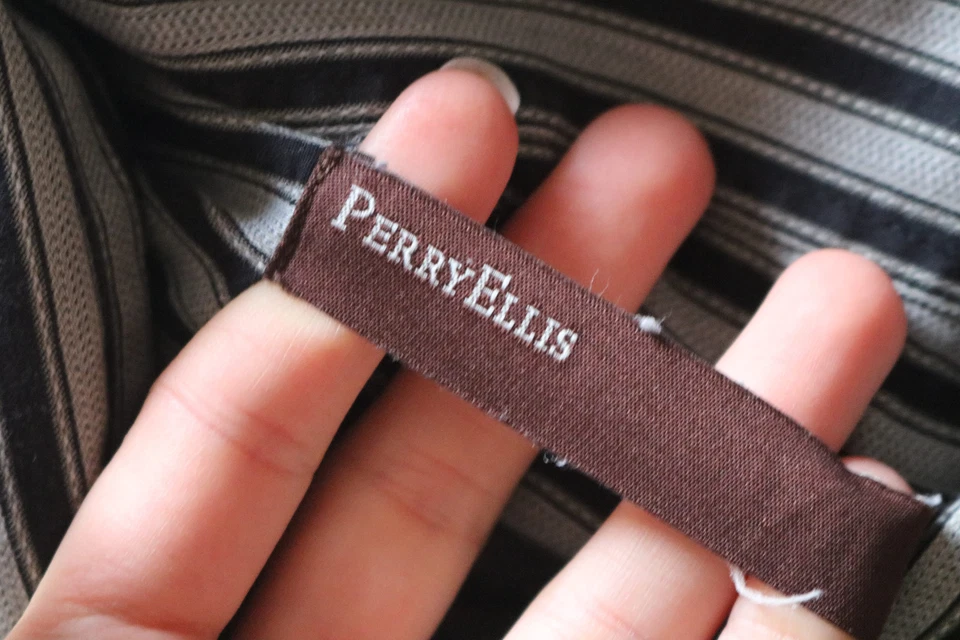 Camisa de hombre Perry Ellis a rayas con botones 100 % algodón gris/negro talla L Foto 4 de 4