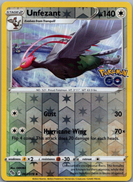 POKEMON GO - Unfezant  - 063/078  -  Reverse Holo - NM/M