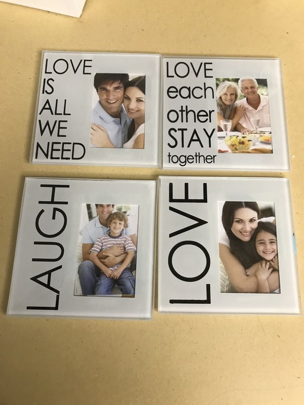 Modern Expressions Photo Coasters - set of 4 & Holder - Love Laugh