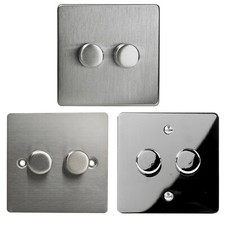 Volex Crabtree 2 Gang Metal Dimmer Light Switch Round Push Toggle Brushed Chrome