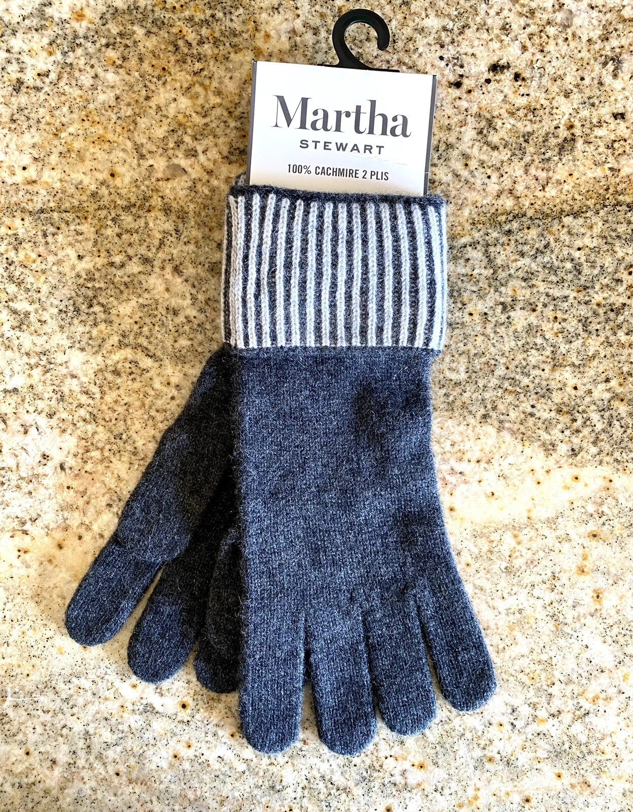 NWT MARTHA STEWART 100% CASHMERE GLOVES DARK HEATHER GREY STRIPPED CUFF 2 PLY OS