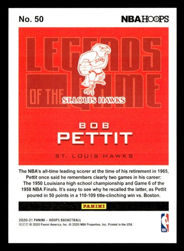 Bob Pettit 2020 Hoops Legends of the Game/tarjeta 699 #50 St Louis Hawks - Imagen 2 de 2