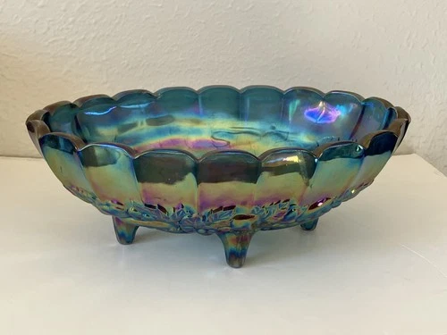 Indiana Glass Oval Iridescent Blue/Purple Carnival Glass Grape Footed Bowl
