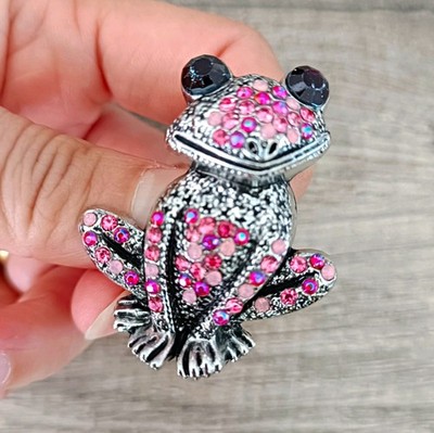 Frosch Brosche silberfarben aus Metall mit rosa & schwarzem Strass