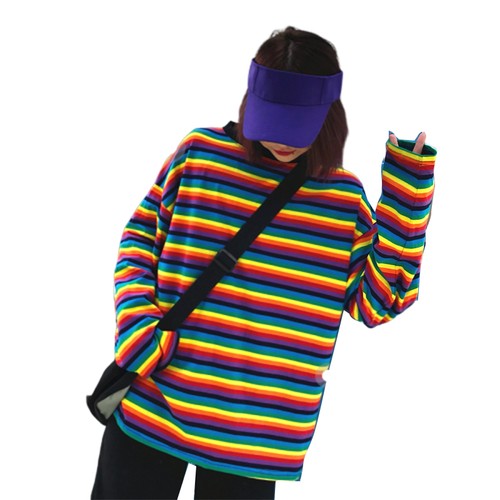 Woman T Shirt Rainbow Stripe Autumn Harajuku Shirt Long Sleeve Plus Size Tops❤ - Picture 6 of 13