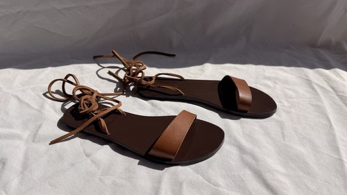 Cognac Brown J. Crew Sandals Leather Lace Up Ankle Tie Tan Strappy Shoes 7