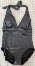 Lands  End One Piece Swimsuit Tie Back Halter  Plunge Womens 12 Dark Grey